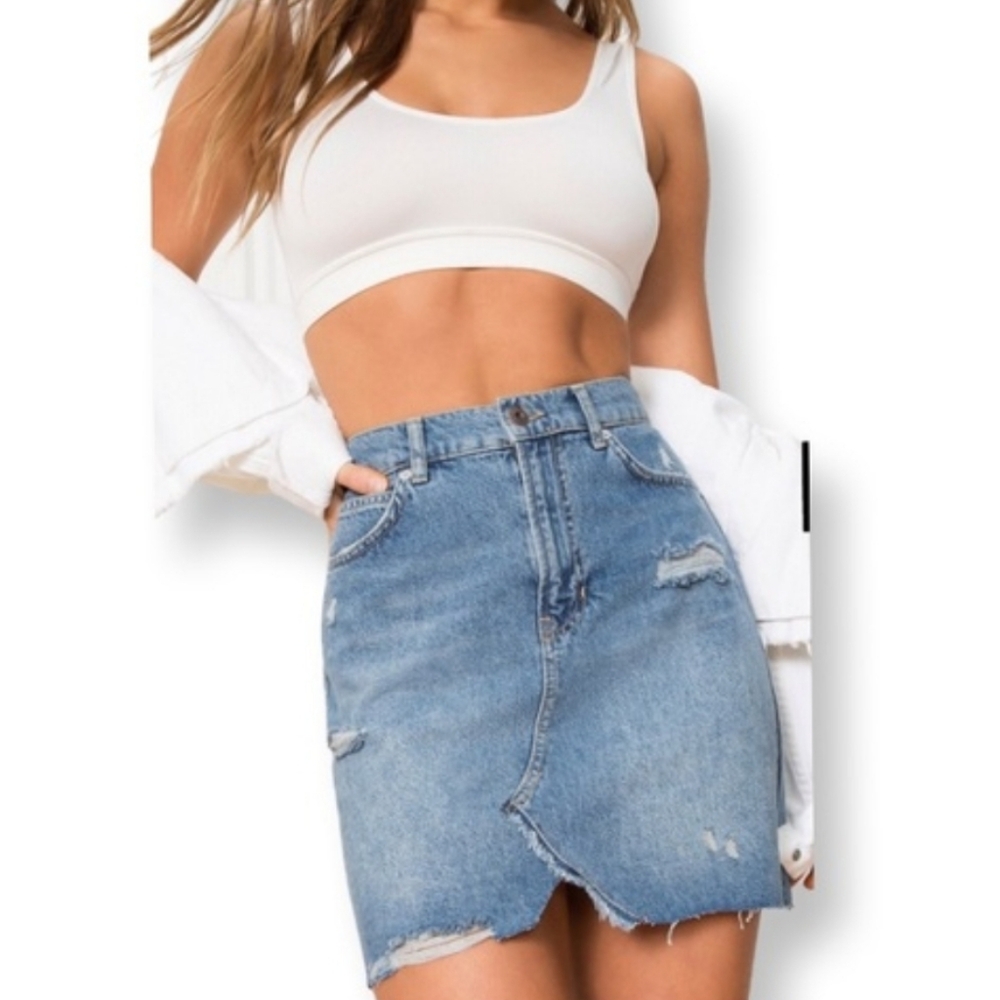 Free People We The Free High-Rise Distressed Denim Mini Skirt - Blue MEDIUM